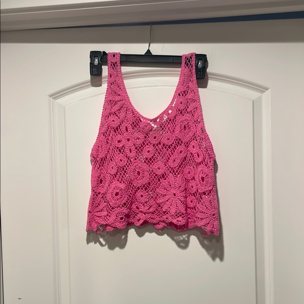 Pink and Cream Embroidered Cropped Tank Tops